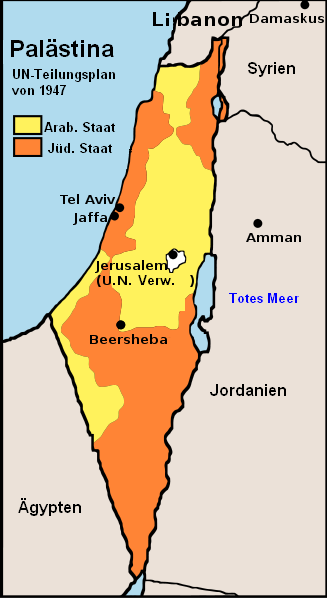 UN-Teilungsplan für das britische Mandat Palästina aus dem Jahre 1947. Abbildung: U.S. Central Intelligence Agency (wiki commons).